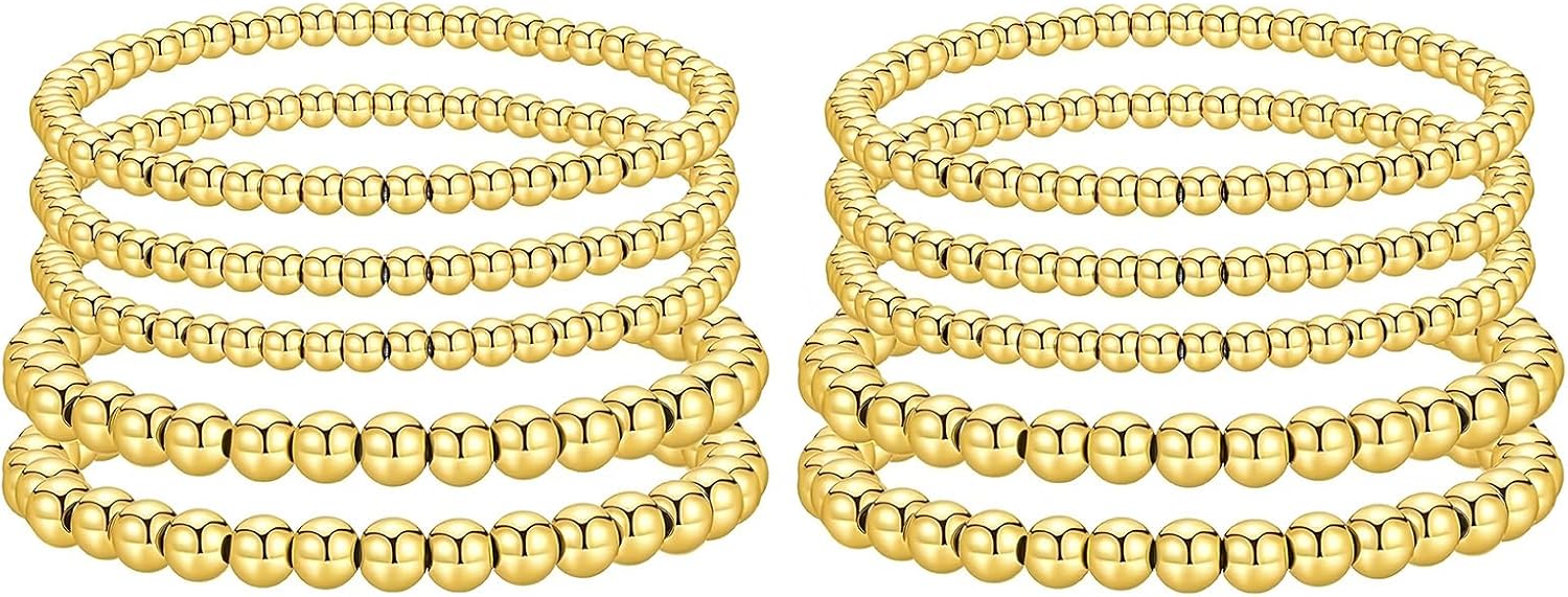 10 Pcs Gold Beaded Stretch Bracelets Stack for Women Trendy Stackable Plated Pearl Beads Chain Fashion Bangles Stacked Elastic Bracelet Dainty Jewelry