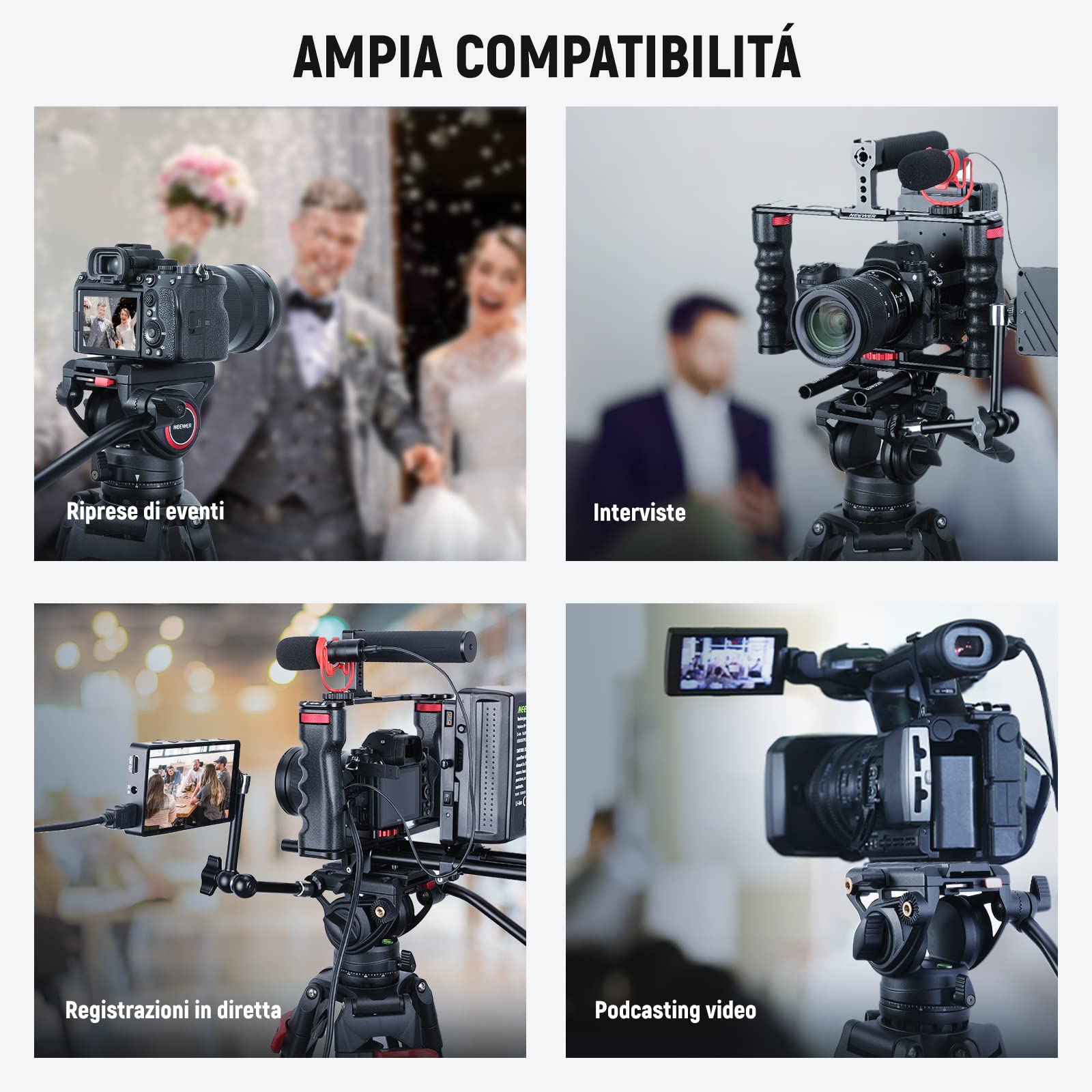 NEEWER Treppiede video da 74" con testa a fluido e controllo dell'attenuazione, in alluminio resistente, professionale, con piastra QR per videocamere DSLR, panno per la pulizia, carico massimo 17,6