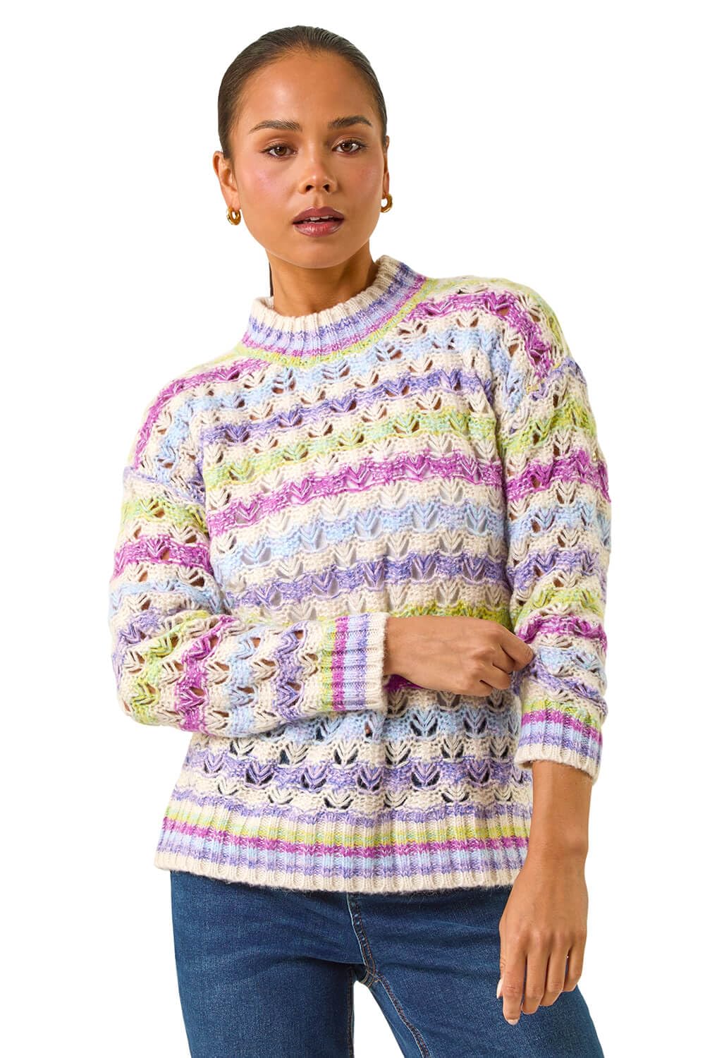 Roman Originals Women's Purple Roman Petite Stripe Knit Jumper For Uk - Everyday Autumn Winter Round Neckline Comfy Soft Evening Vacation Work Party Night Out - Petite - Size 14