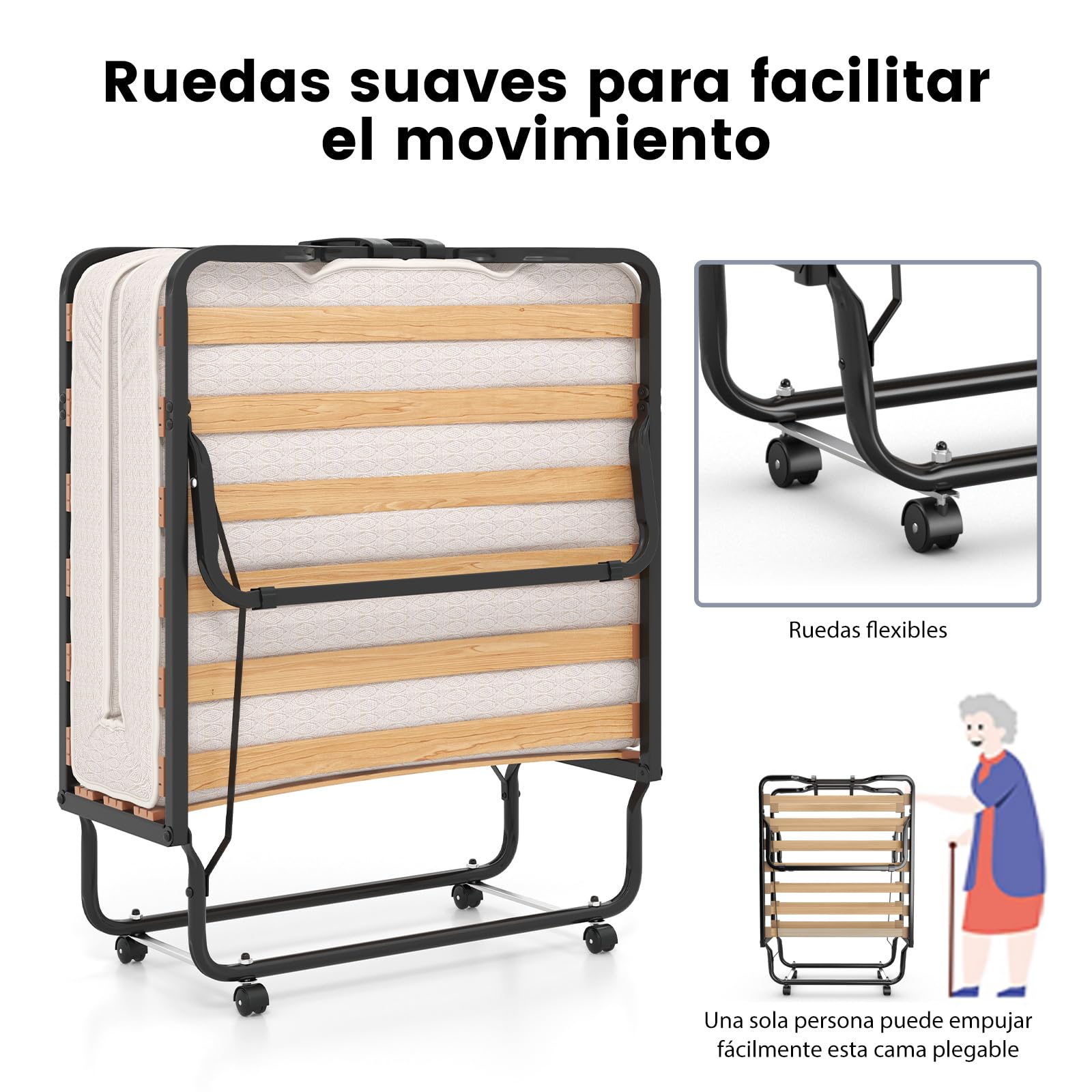 COSTWAY Cama Plegable con Colchón en Memory Foam 80 X 200 cm, Cama Supletoria Plegable con Ruedas para Casa, Acolchado Ondulado con Doble Relleno de Fibra, Ahorra Espacio, (Beige 2)