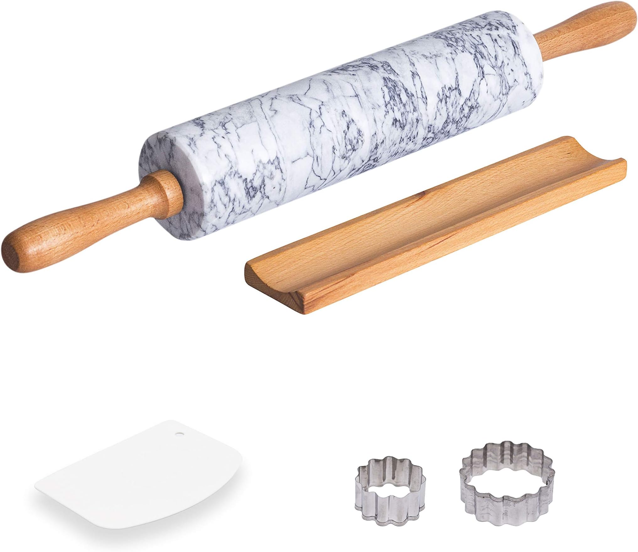 COZYMAT Marble Rolling Pin with Wood Stand for Fondant/Dough/Baking, Heavy and Solid Stone, White, 18 Inch, 10" Long Barrel