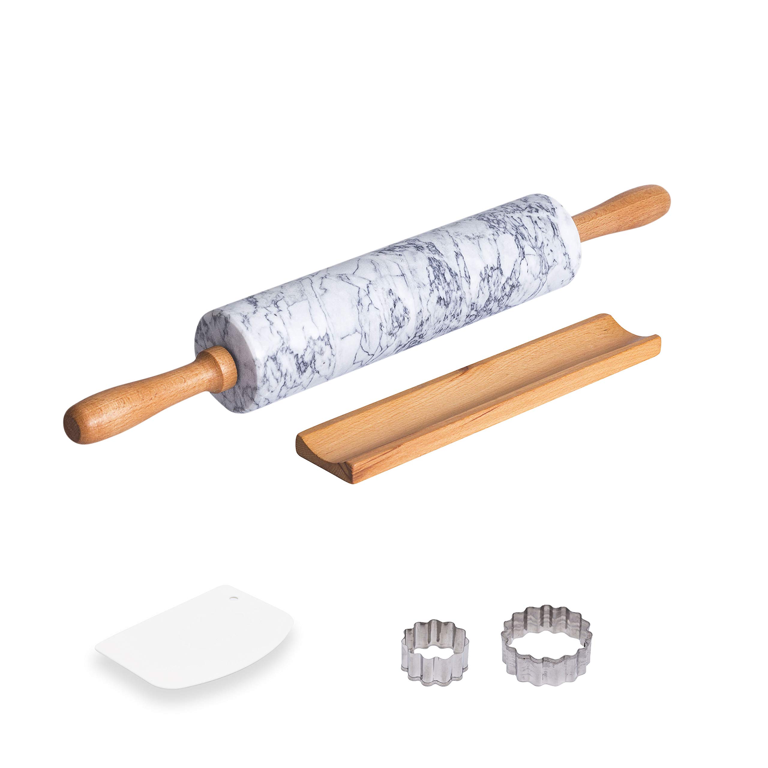 COZYMAT Marble Rolling Pin with Wood Stand for Fondant/Dough/Baking, Heavy and Solid Stone, White, 18 Inch, 10" Long Barrel