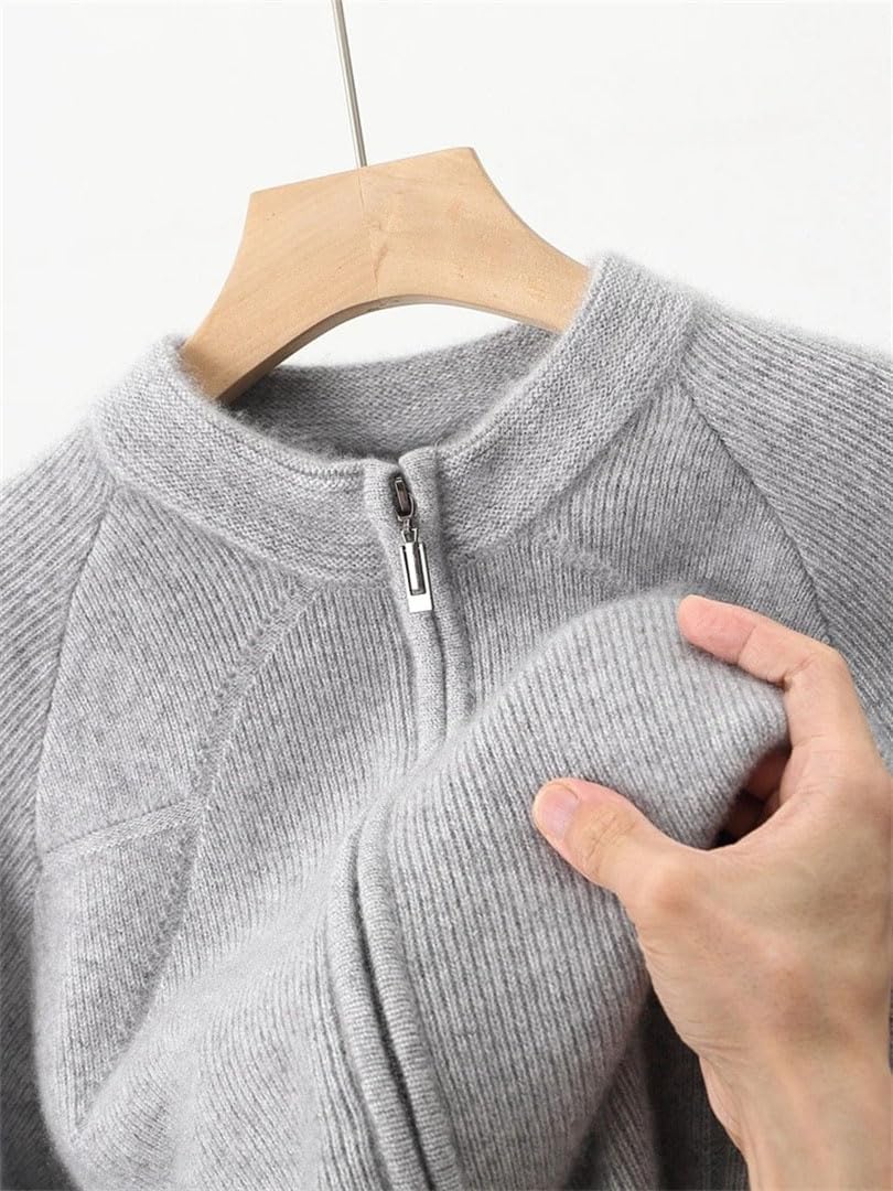 Men's Wool Sweater Cardigan Mock Neck Zippers Textured 100 Percent Merino Wool Thick Cashmere Raglan Sleeve Fall