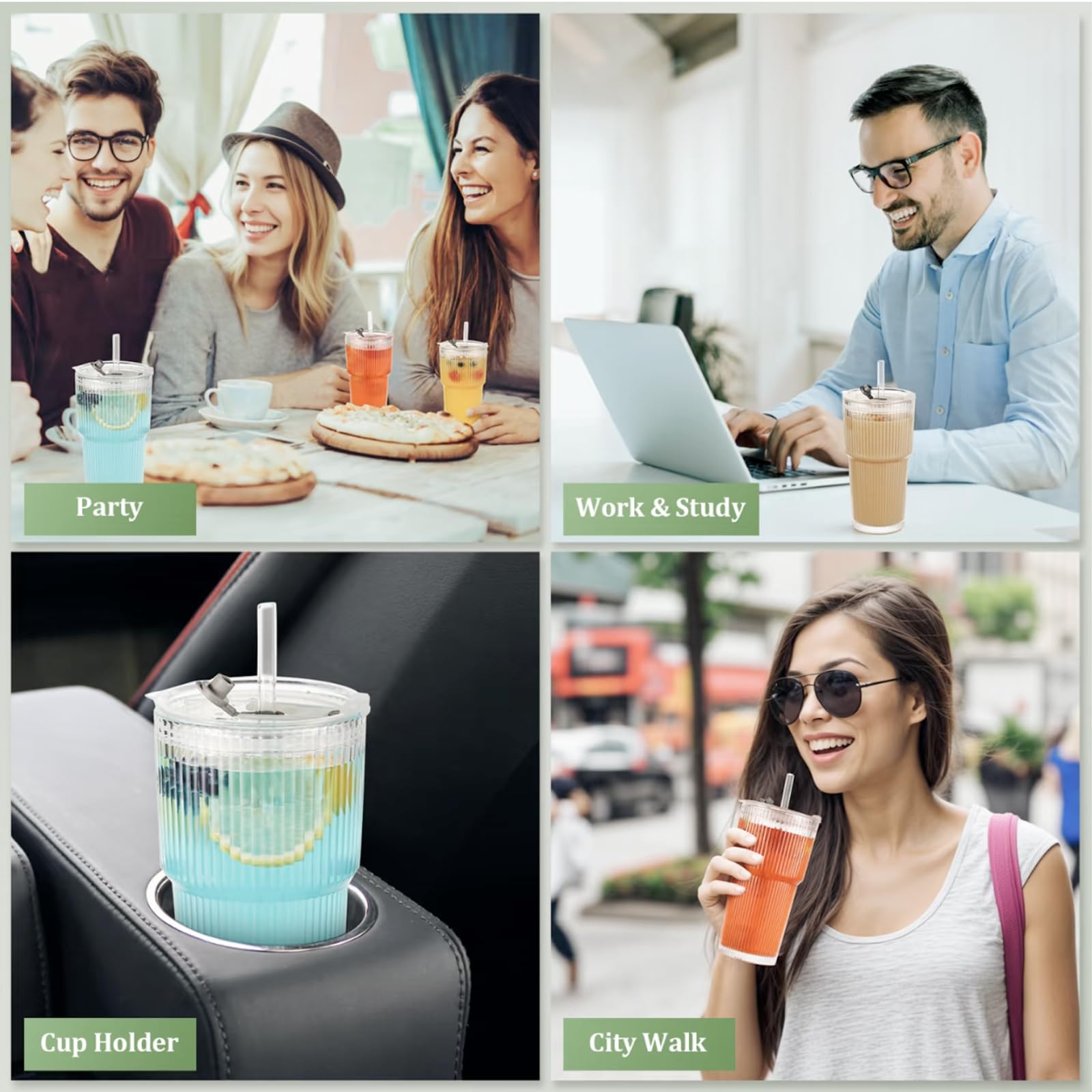 2 Pezzi 600ml Bicchieri da Acqua con Coperchio e Cannuccia,Tazza da Caffè Ghiacciata,Vetro Bicchiere per Smoothie,Tazza da Succhi Trasparente, per Latte, Acqua, Succo, Tè