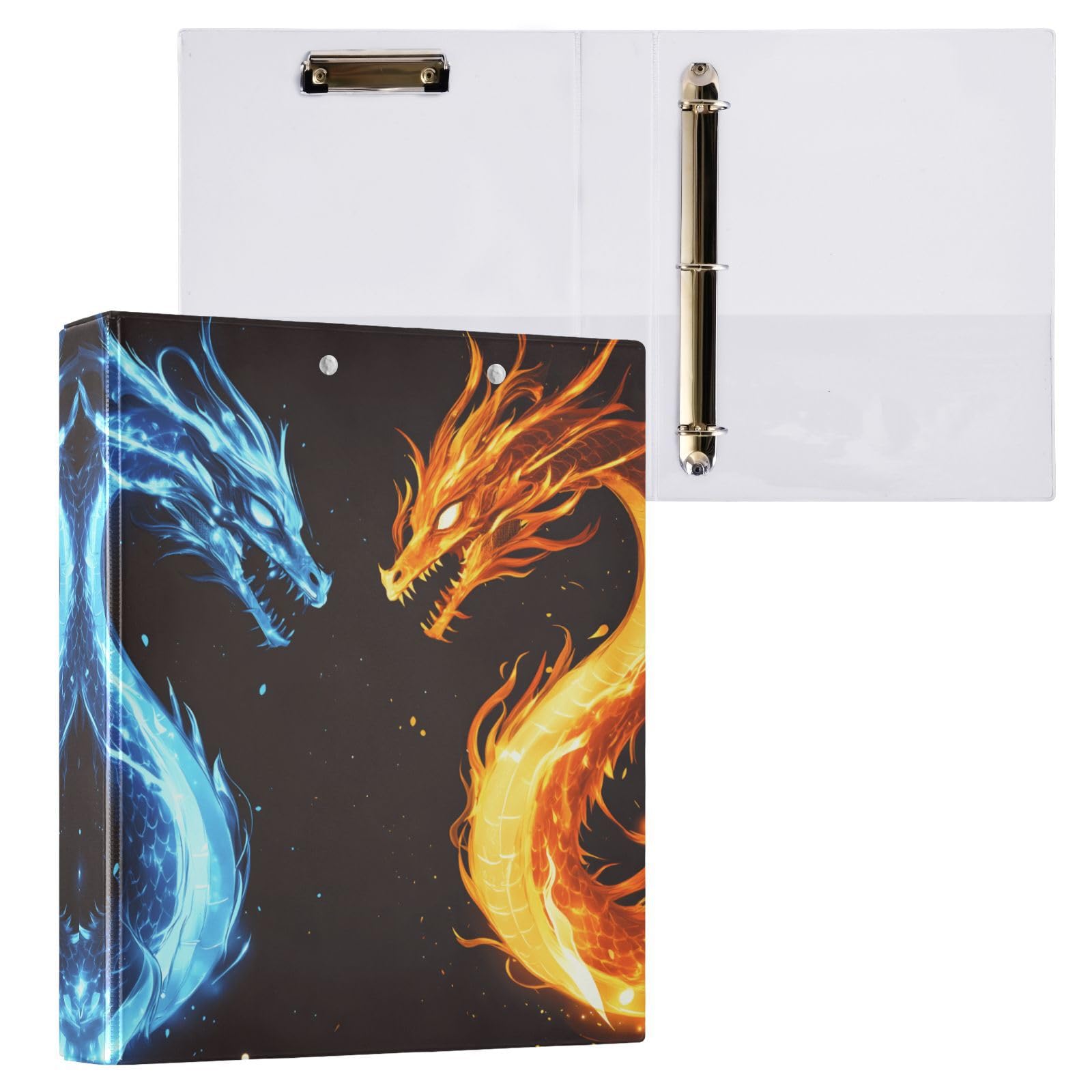 Confezione da 2 raccoglitori a 3 anelli, motivo Two Dragons Fire, 3,8 cm, con 3 tasche trasparenti, portablocco e contiene 200 fogli, per ufficio, scuola, organizzazione domestica