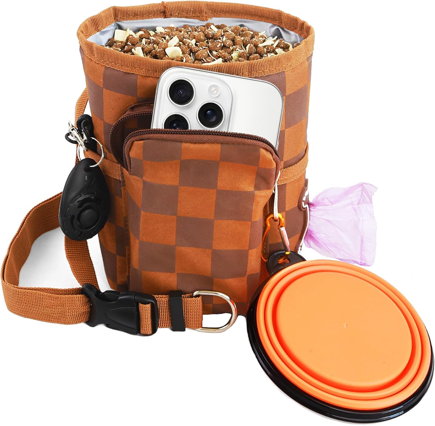 Canine Coaching Deal with Pouch for Trainers with Clicker & Bowl – Waterproof Oxford Pouch, Lock‑Tight Magnetic Closure, 56″ Adjustable Strap, Telephone Pocket & Poop Bag Dispenser (Brown)
