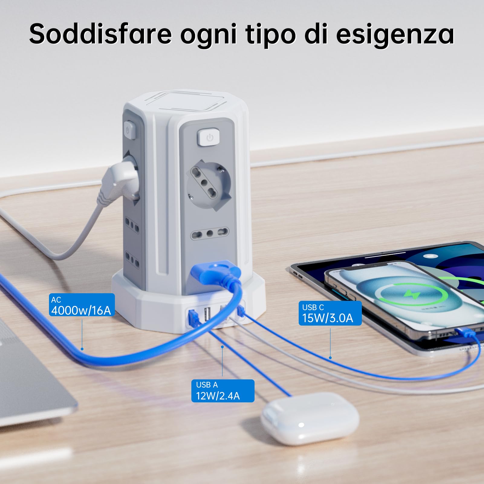 Ciabatta Elettrica Multipresa 2 metro con 12 Prese Universali 10/16A ITA e Schuko e 3 USB A+1 USB C protezione Sovratensione con 4 interruttori indipendenti, Bianco