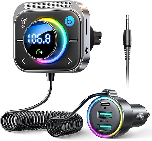 JOYROOM 66W Bluetooth 5.4 Car Adapter Aux with 3 Charging Ports【PD 30W & 2 * 18W】【Air Vent Installation for Safe】 Deep HiFi Bass Player Wireless Radio FM Transmitter for Car with Colorful LED Light