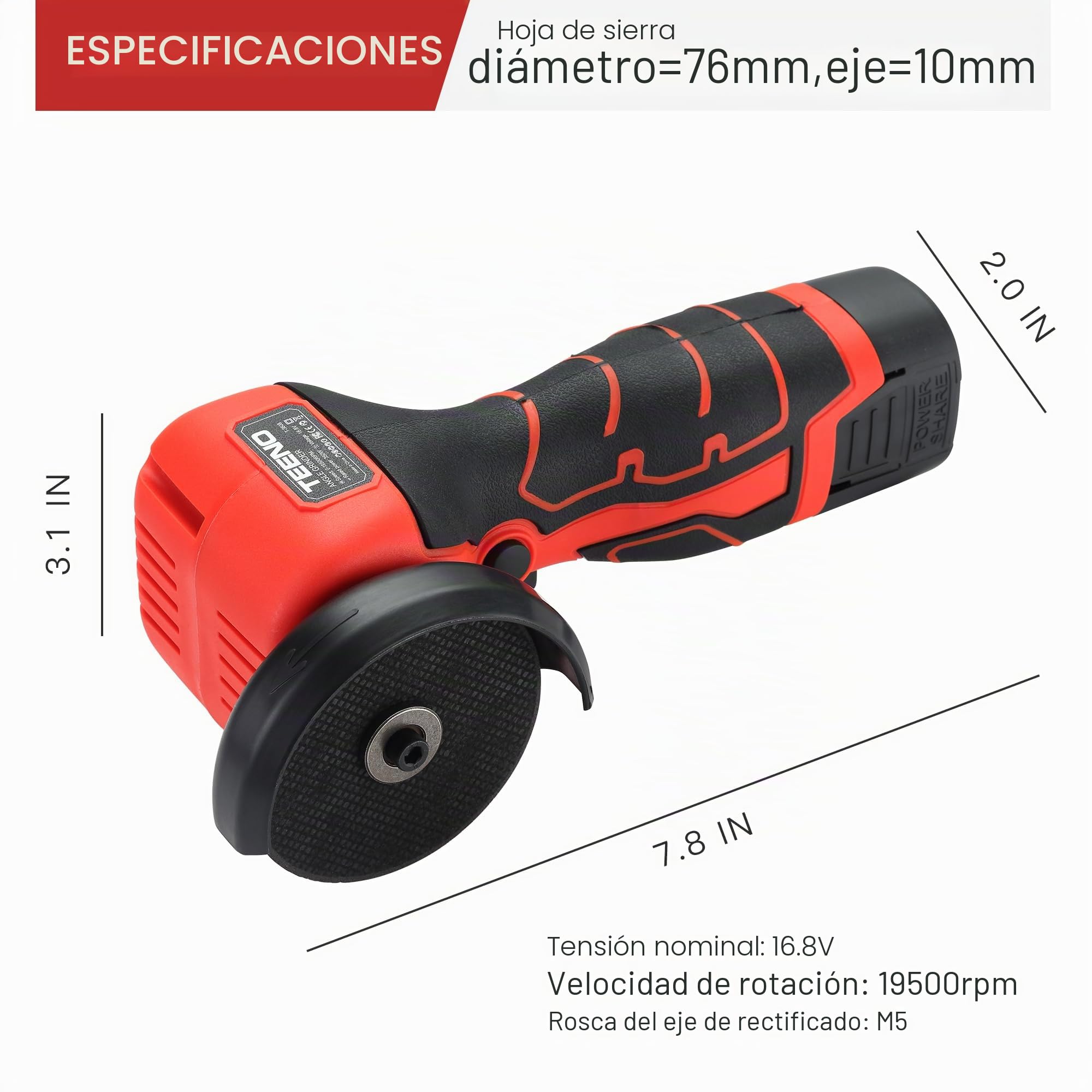 Amoladora Angular Inalámbrica TEENO 19500 RPM, Radial de Batería 76mm con 2 Baterías 2000mAh, Mini Amoladora Profesional + 6 Discos Corte, Kit Completo (Caja Plástica) - Para Esmerilar, Pulir, Cortar
