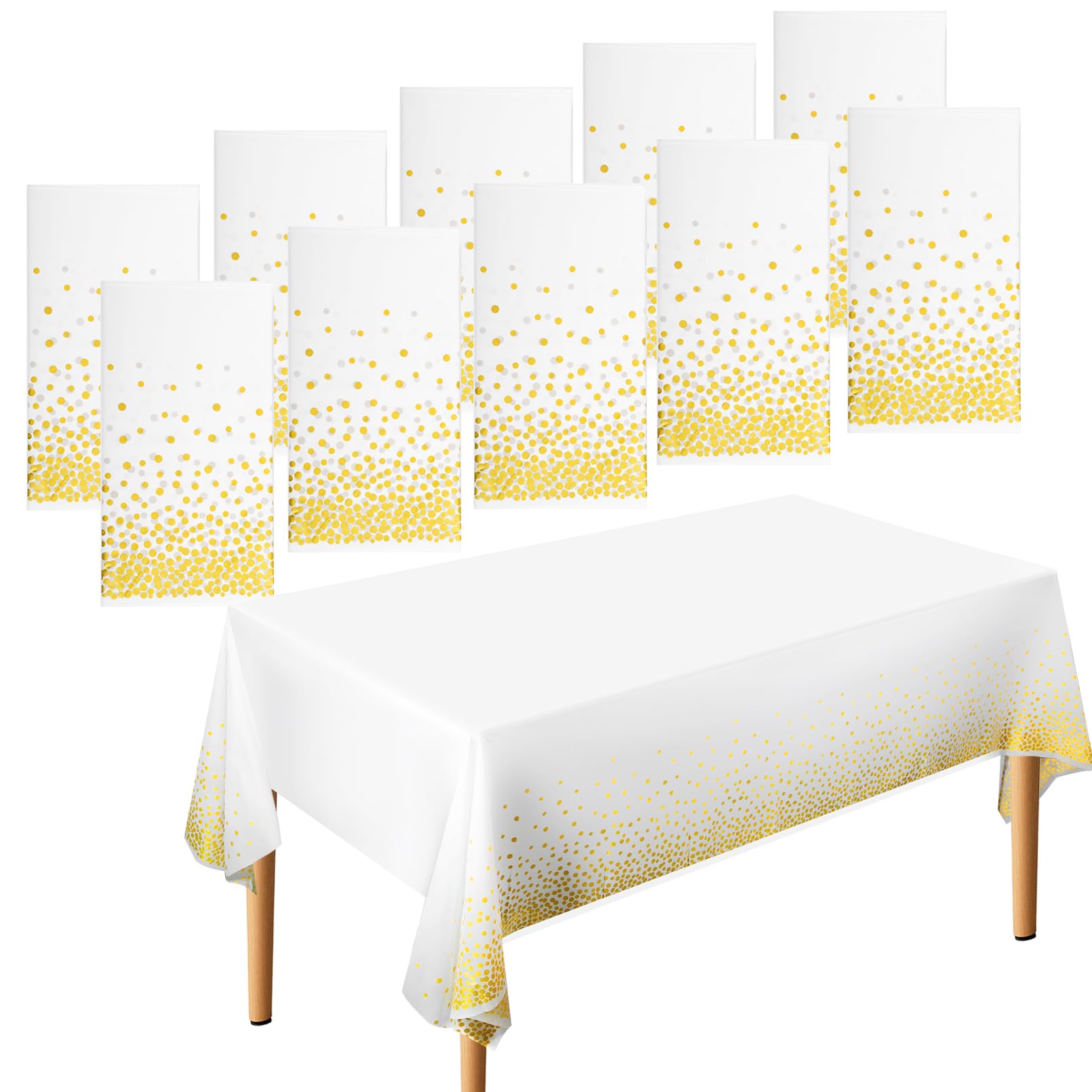 Ausurme White With Gold Dot 10 Pack Disposable Tablecloths,Dot Table Cloth,Plastic Table Cover,Waterproof Party Tablecloths,Gold And White Rectangular Table Cover For Parties Wedding Birthdays(137 * 274 Cm)