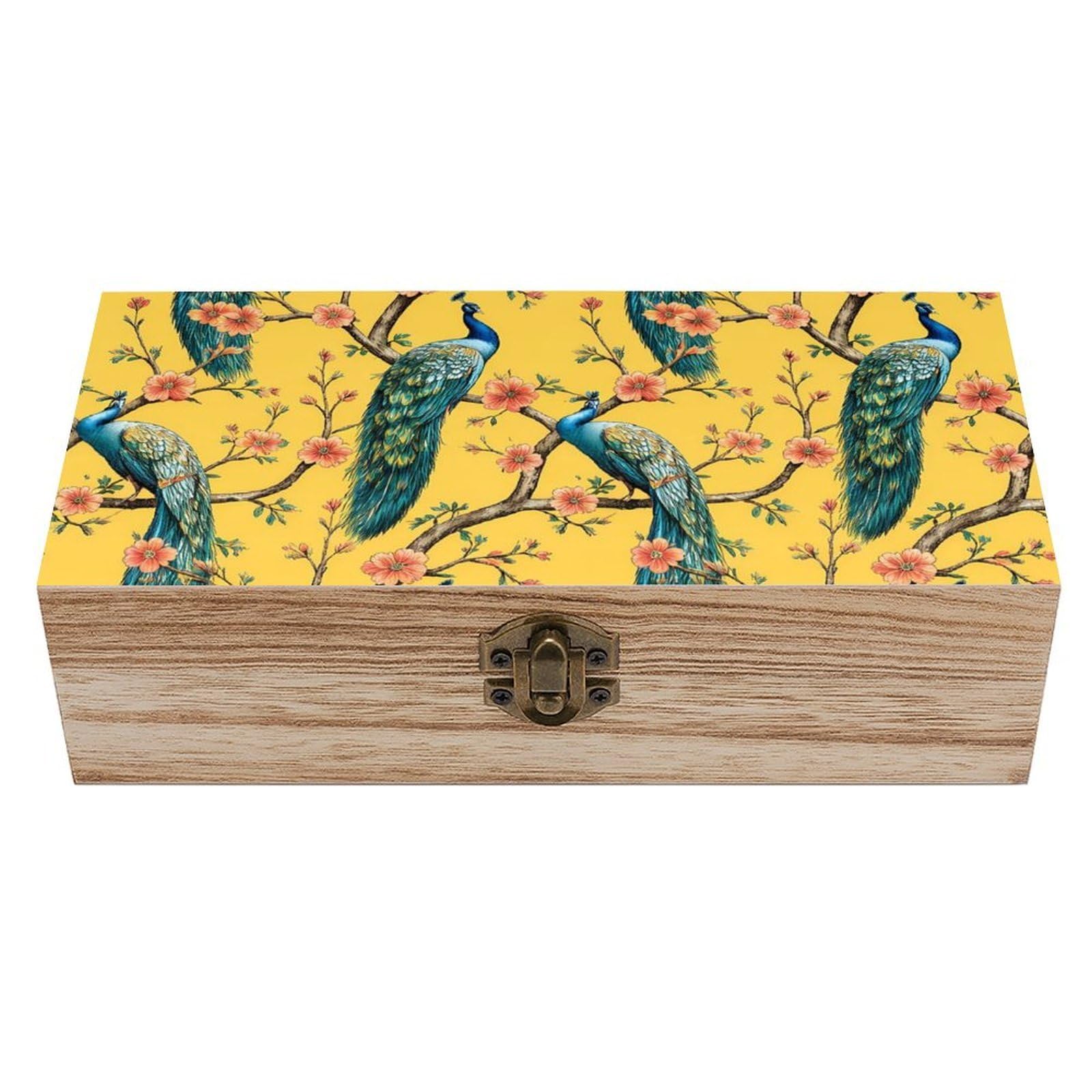 SMAZDFXX Beautiful Peacock Wooden Storage Box With Hinged Lid Decorative Front Clasp Keepsake Boxes