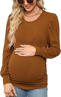 Onedreamer Women's Maternity Shirts Puff Sleeve Round Neck Tunic Top Casual Pregnancy Clothes - Buy now