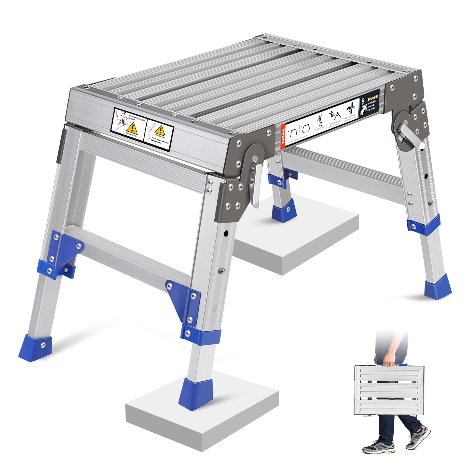 Klappbarer Aluminium Arbeitsplattform, Schwerlast-Tritthocker (Bis 362kg), 3-Fach Höhenverstellbare Trittstufe (30-40 cm), Rutschfester Einstiegstritt/Treppenpodest für Wohnmobil, Garage & Dachbox
