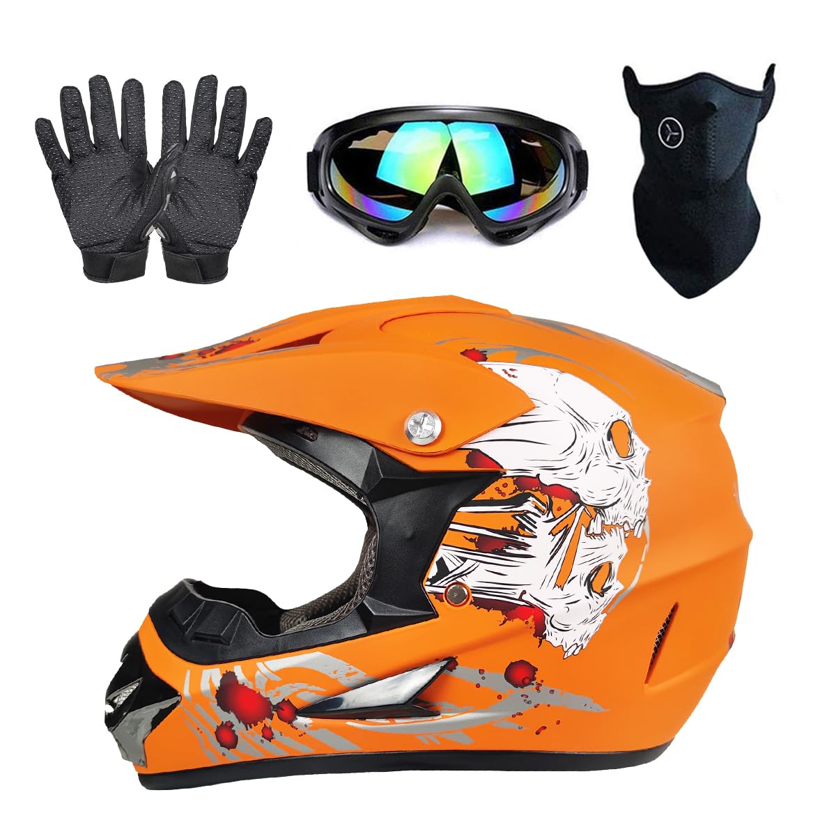 CUTEY Motocross Helmet, Unisex Youth Kids ATV Dirt Bike Street Ride Off-Road Motorycle Helmet Set (4Pcs, W/ Goggles Gloves Mask)