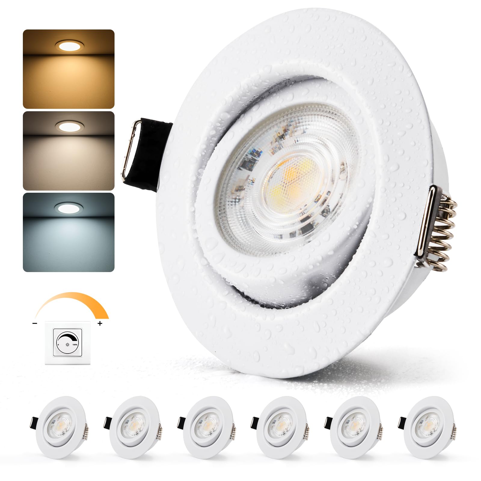 Bojim Spot LED Encastrable Dimmable 230V, Salle de Bain IP44 Trou 68mm | Blanc Chaud / Neutre / Froid, 7W Spots de Plafond pour Cuisine Salon, Lot de 6
