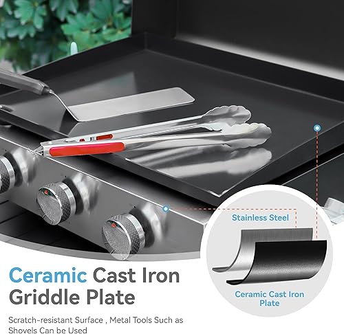 Miniatura 4 de GREEN PARTY Plancha de mesa de 22 pulgadas con placa de hierro fundido recubierta de cerámica, plancha plana de 3 quemadores, parrilla portátil de
