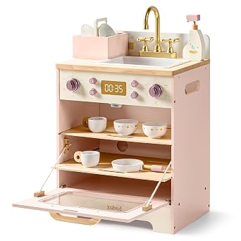 ROBUD Wooden Dishwasher Playset for Kids with Plates & Accessories