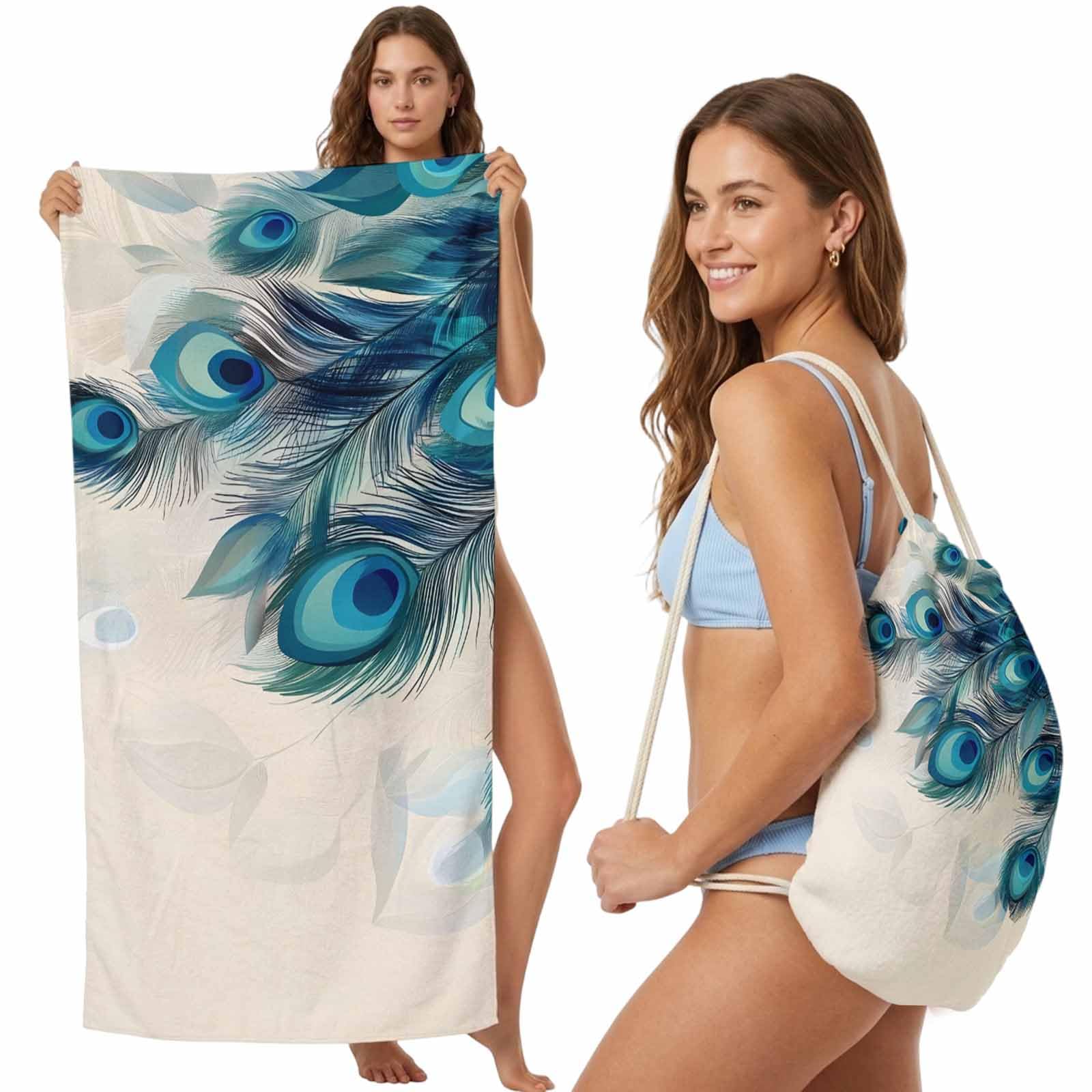 FWJZDSP Beach Towel Backpack Convertible Teal Peacock Feather Sand Free Quick Dry Towel Bag Green Beach Towel with Adjustable Straps for Travel Swimming Pool Beach Accessories 31.5x63in
