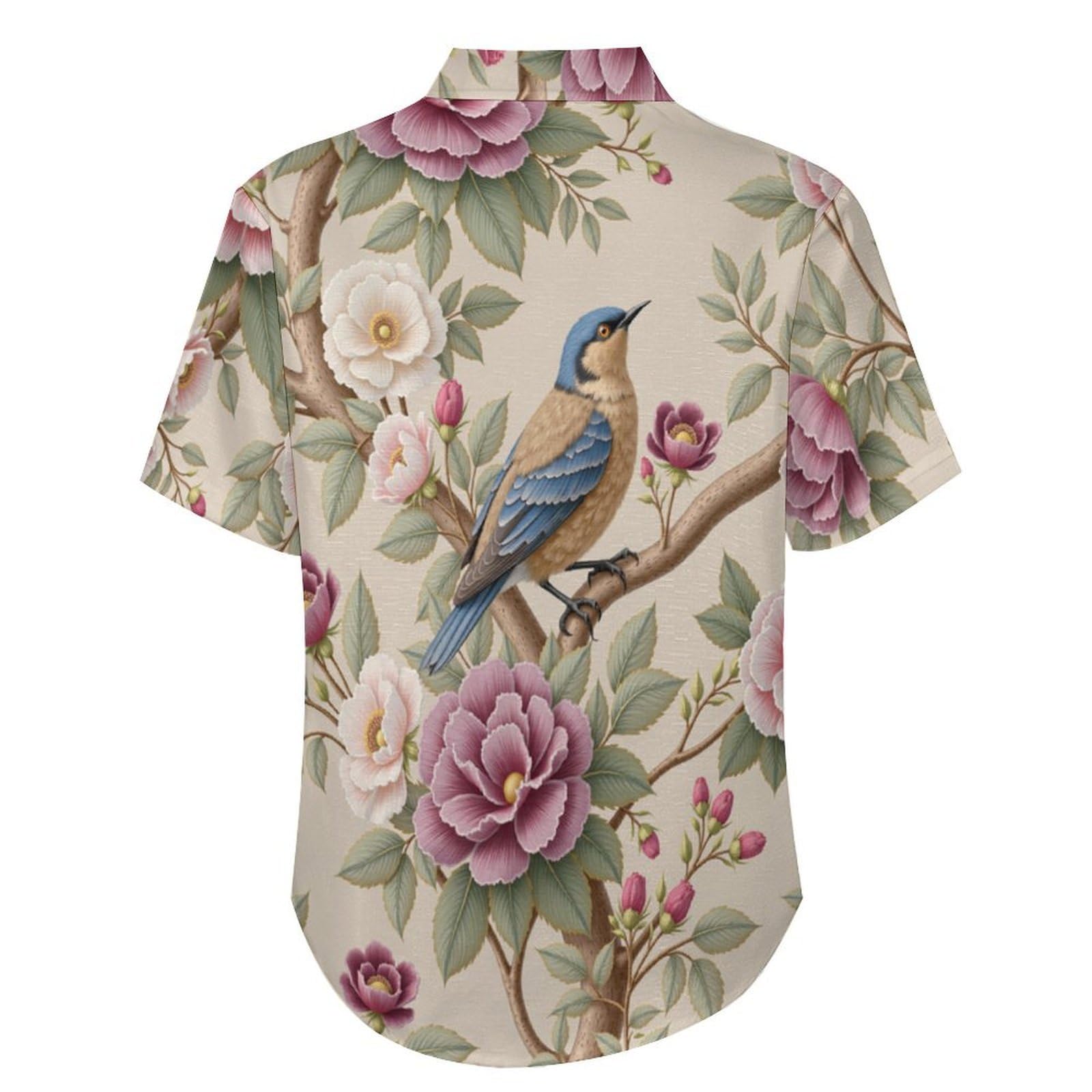 Camicie da Uomo a Maniche Corte con Stampa della Fiori Uccelli Rami D'Albero Stile Cinese, Casual Leggere Bottoni Camicia con Tasca Frontale, per Vacanze Spiaggia Estate