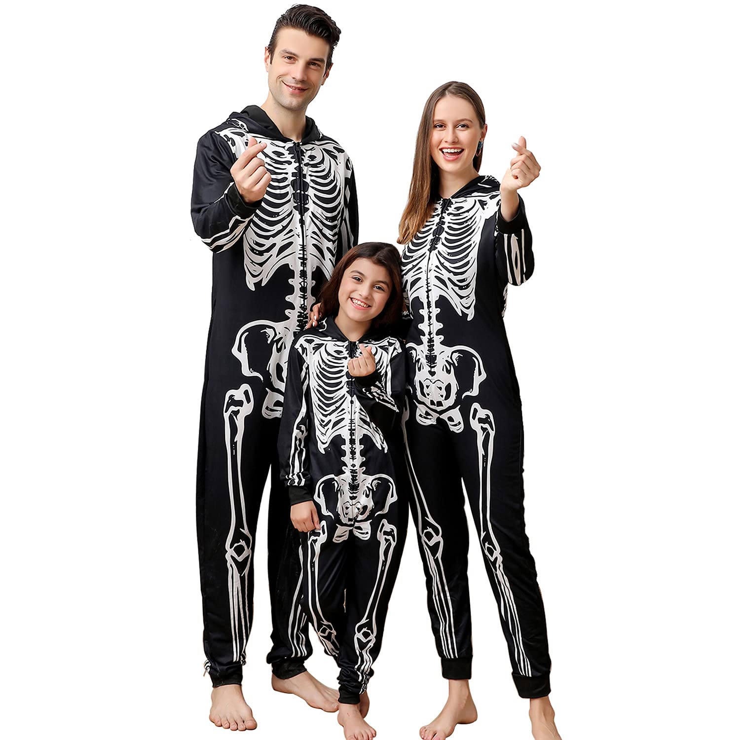 ANGELGGHFamily Matching Halloween Onesie Pajamas, Funny Skeleton Hooded Zipper PJs Holiday Loungewear for Men/Women