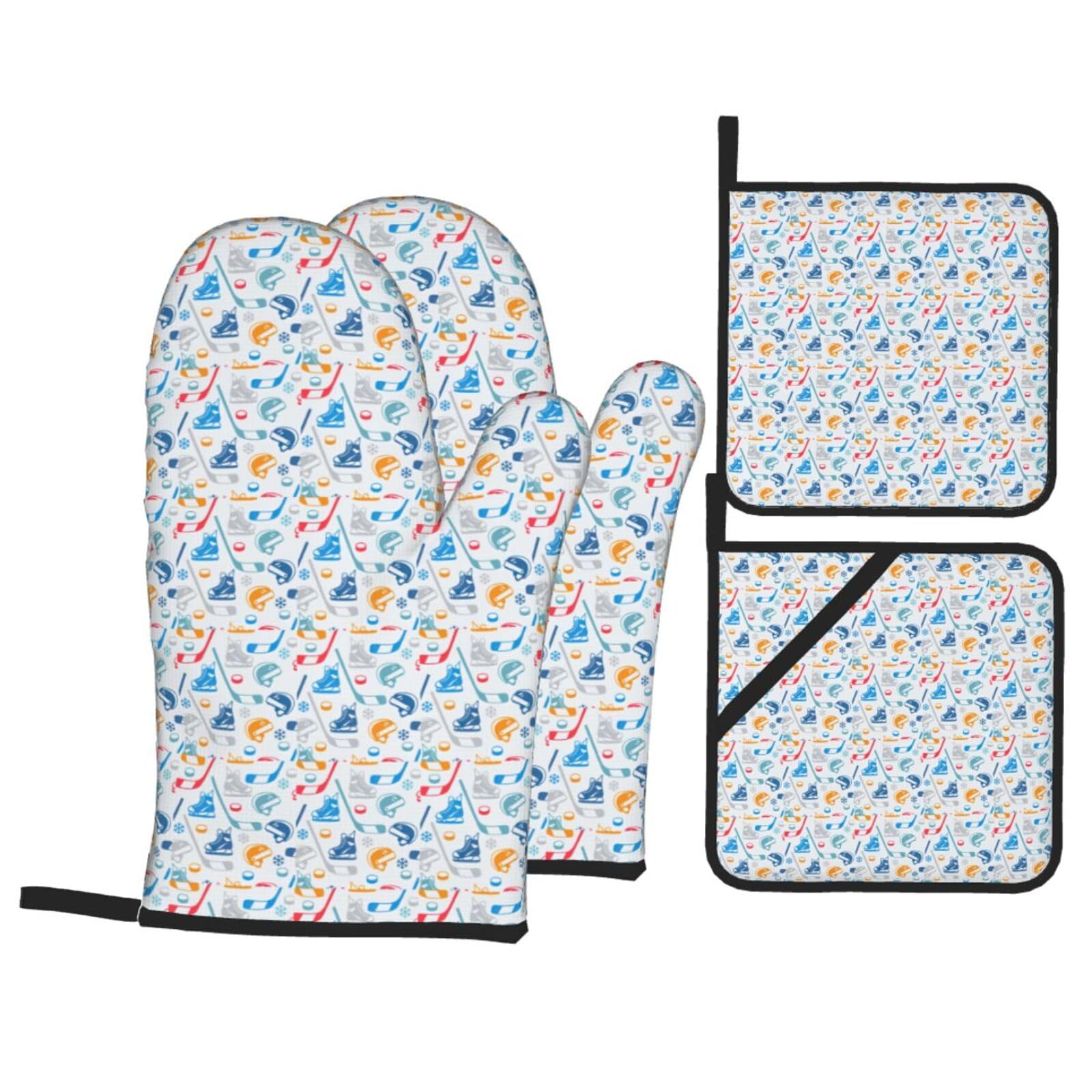 Hockey Elements Creative Patterned Print 4-Piece Oven Microwaving Set Waterproof Kitchen Gloves for Baking Grilling Cooking
