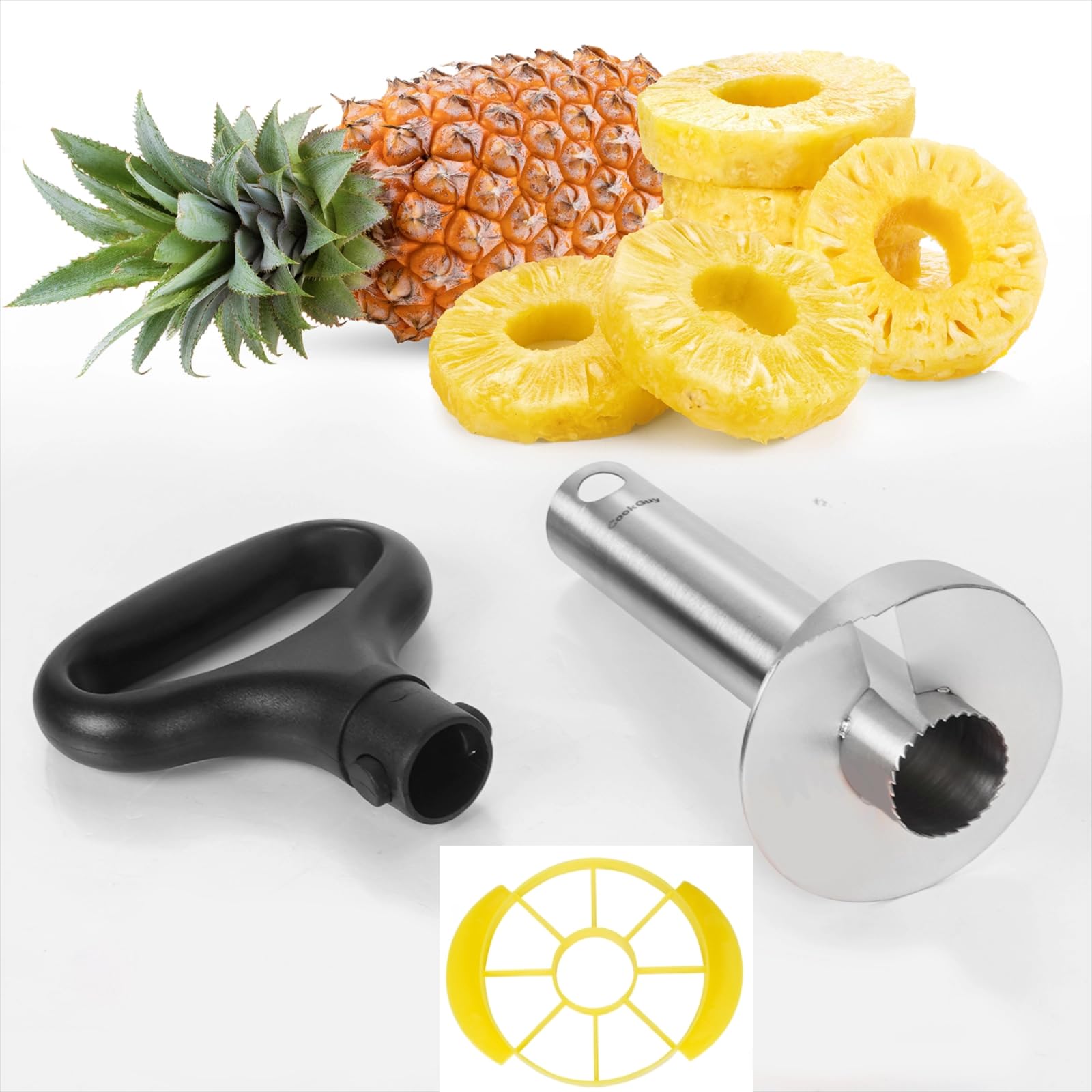 Cook Guy Ananas-Entkerner und -hobel mit rundem Griff – inklusive verstärktem Ananasschneider aus Edelstahl, Ananas-Trennwand aus Kunststoff und Obstmesser – einfaches Entfernen und Schneiden von Kern