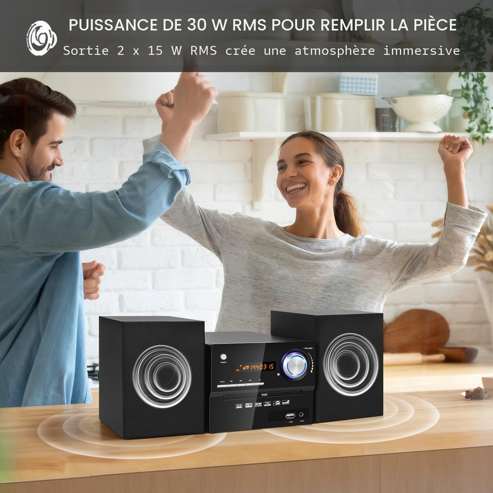 Mini Chaîne HiFi CD, Micro Chaînes Hi-FI Stéréo 30W, Micro-Système Audio Bluetooth, Radio FM, Lecteur CD/DVD Stereo, Entrée Auxiliaire, Lecture USB et Sortie RCA, Design Élégant Adapté pour la Maison