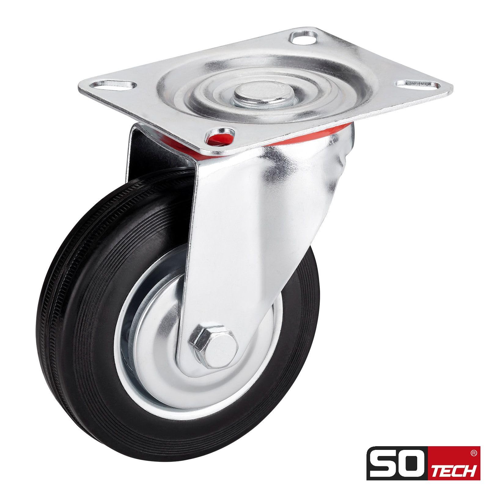 SOTECH 4 piezas Ruedas de transporte RED Ø 125 mm (2x ruedas giratorias, 2x ruedas giratorias con freno) Altura 151 mm Placa atornillada 100 x 82 mm Capacidad de carga 440 Kg