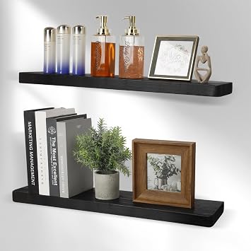 Solid Wood Floating Shelves for Wall, 23Inch Floating Shelves Set of 2, Hanging Shelf with Invisible Brackets, Wood Shelves for Living Room, Bedroom, Kitchen, Black