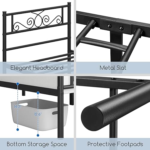 Miniatura 5 de Topeakmart Base de cama de tamaño individual con diseño elegante de volutas de hierro, base de colchón de metal con cabecero para dormitorios,