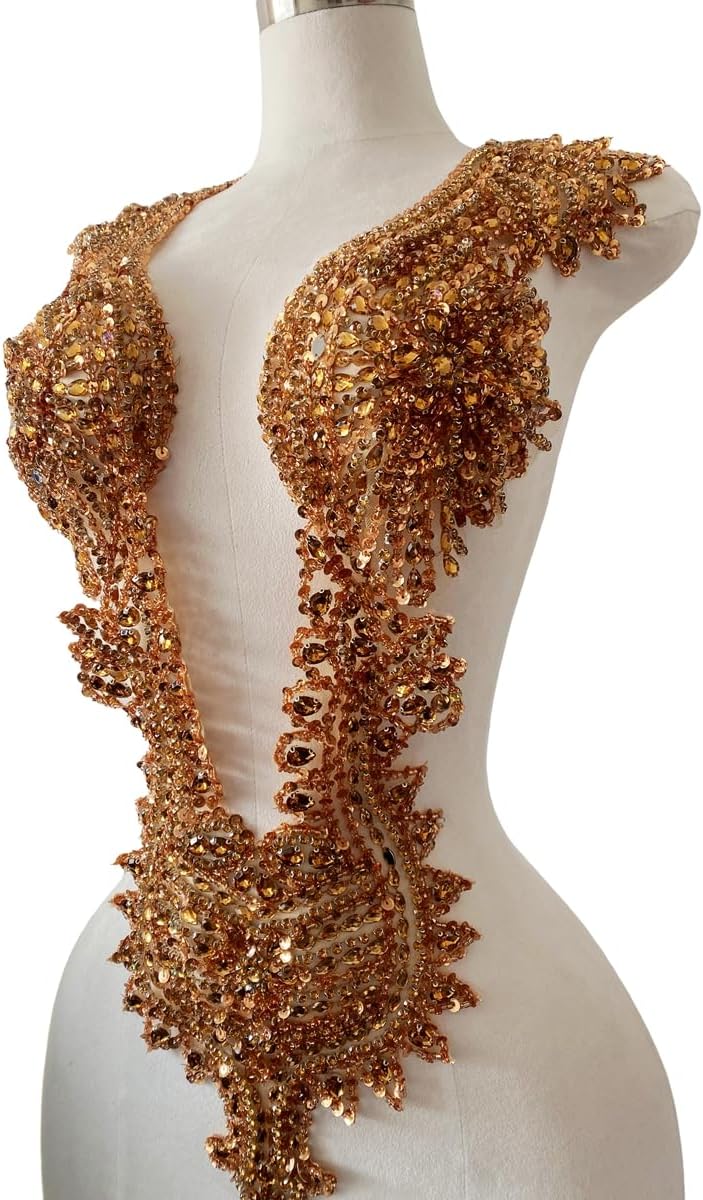 Handmade Crystal on lace Applique Sewing Rhinestones Beads Sequins Patches Trim Luxury Decoration Accessories for Wedding Dress (Champagne)