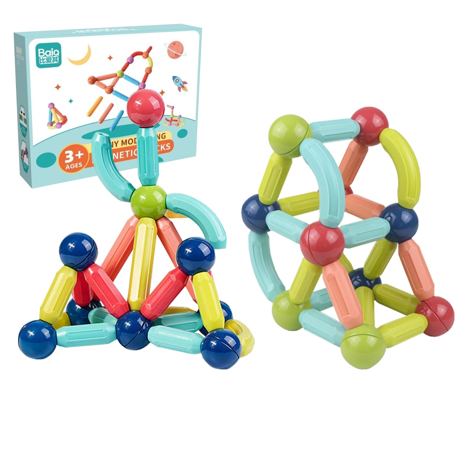 YZZT 42PCS Magnetic Balls and Rods Set Magnetic Building Blocks Set Kids Building Sticks 3D Stacking Construction Toys Kids Learning Development Construction Set for Boys Girls 3 4 5 6 7+ Year Old