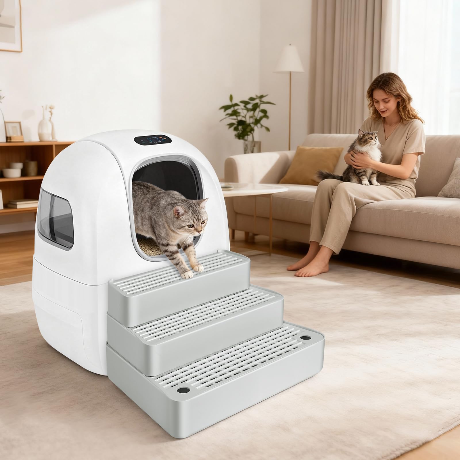 Rampe de litière Extra Large à 3 marches réglable avec Fonction de Filtre, Facile à Nettoyer, pour Chats âgés et Chatons (Gris Clair)