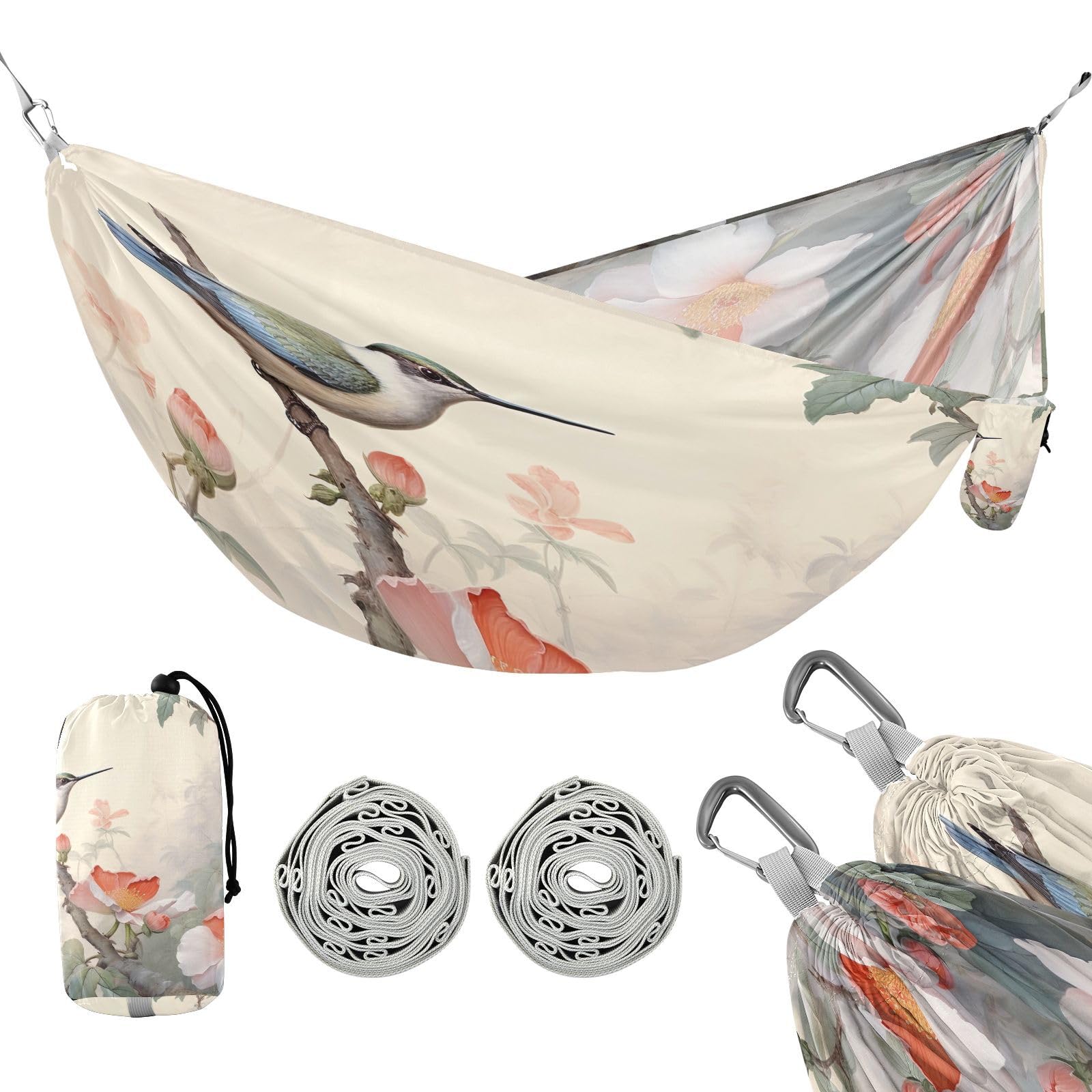 SDMKA Chinese Bird and Floral Camping Hammock, 330 lbs with 2 Tree Straps, Carry Bag, Single Portable Hammock for Outdoor/Indoor, Hiking, Beach, Backpacking, Travel