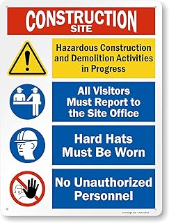 SmartSign 24 x 18 inch “Construction Site - Hazardous Demolition Activities In Progress, Visitors Report To Office, Hard Hats Be Worn†Metal Sign, 80 mil Laminated Rustproof Aluminum, Multicolor