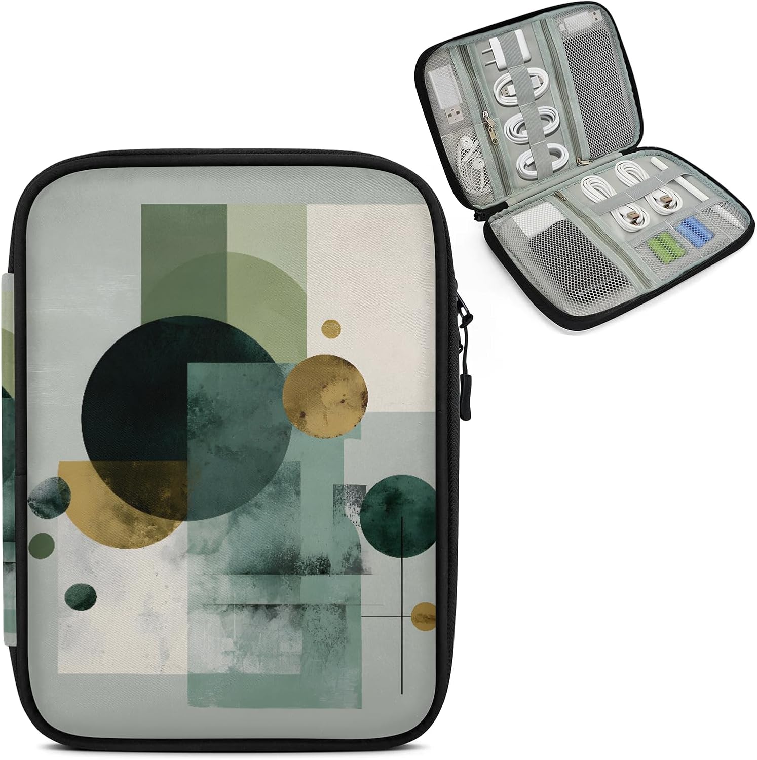 Boho Green Travel Electronic Organizer Case, Mid Century Modern Slim Cable Management Bag for Game Console & Accessories, Portable Double Zipper Pouch with Mesh Pockets & Elastic Straps