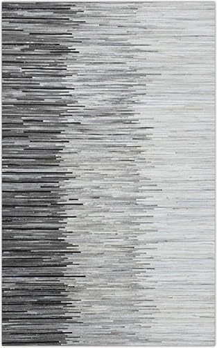 Piel auténtica, alfombra tejida a mano, piel de vaca natural, alfombra de parches a rayas, antideslizante gruesa, acento de piso para comedor,