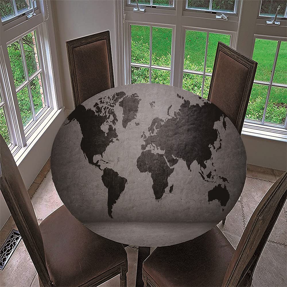 Chickwin Round Fitted Tablecloth Waterproof Dust-Proof Wipe Clean World Map Printed Table Cover Elastic Edged, Table Protector for Kitchen Patio Dining Room (Black world,120cm)