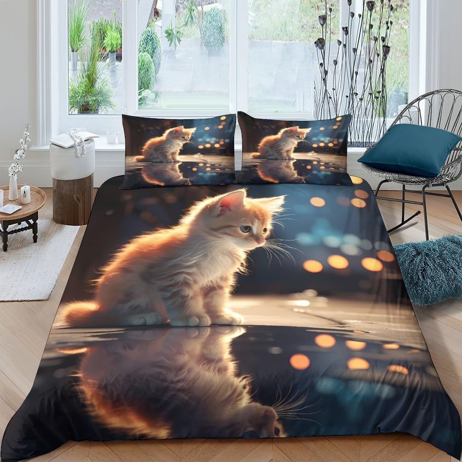 Ctjqhvkz Style-3 3D Printed Kitten Reflection Fitted Sheet Microfiber Soft Non Slip Bed Cover For Bedroom Dorm Easy Care Decor Single（135X200cm）