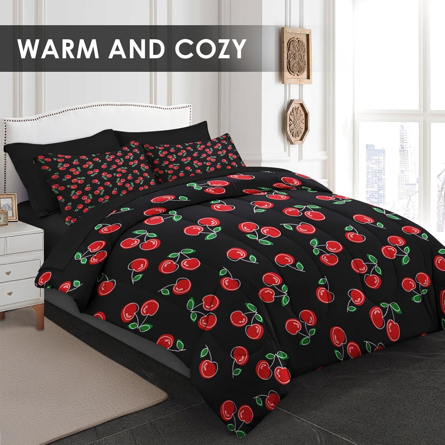 Nesker 7 Pcs Comforter Set Queen Size, Red and Black Bedding for Kids Teen, Cherry Fruit Bed Sheet with Pillowcase & Sham - Image 3