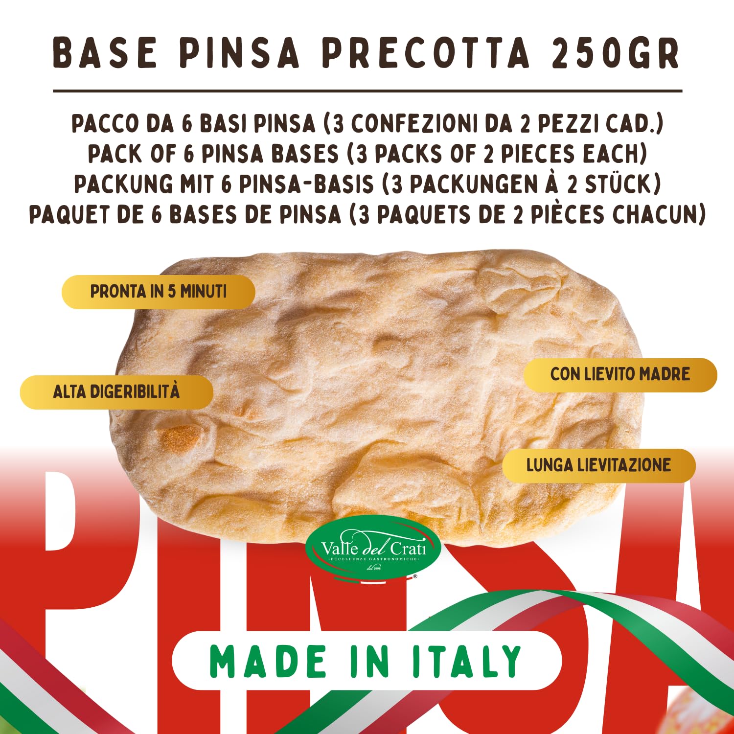 Pinsa Precocida Artesana 6 Bases | Pinsa Lista en 5 Minutos, Levadura Larga, Producto Italiano | Bases de pinsa de 250 gramos cada una