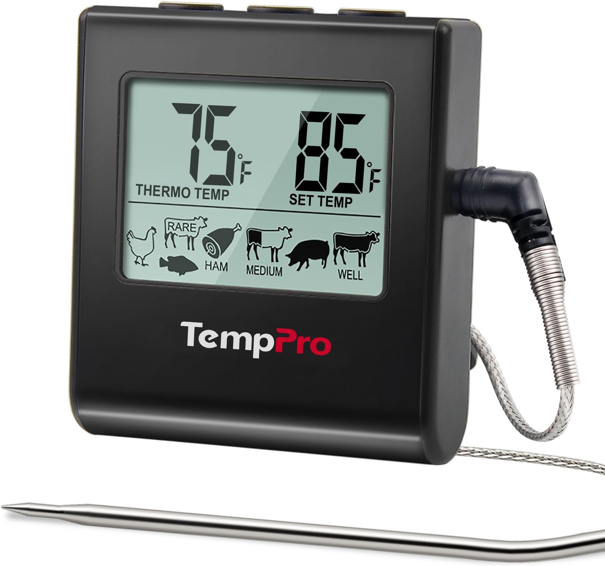 ThermoPro TP16 Large LCD Digital Meat Thermometer for Cooking, Smoking, Grilling, BBQ Food Thermometer with Clock Timer and Stainless Steel Probe, Black
