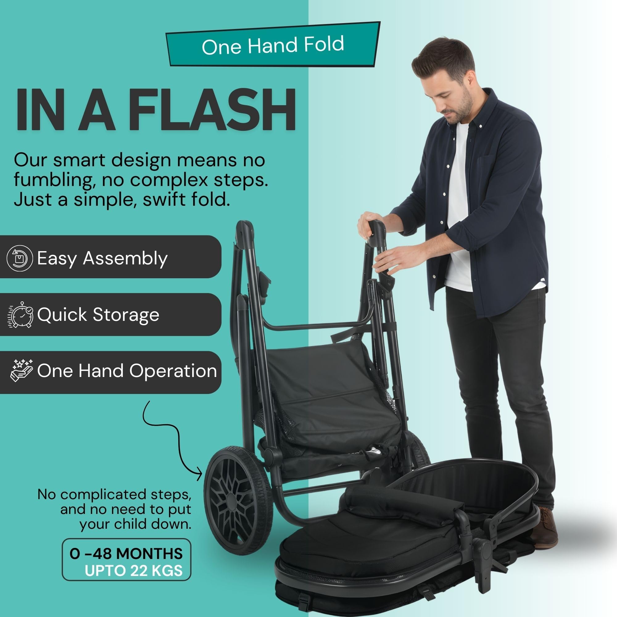 Lejoux Avant Baby-Kinderwagen-Reisesystem faltbarer Kinderwagen mit Babywanne 5-Punkt-Gurt verstellbarem Sitz übergroßem Korb Einhand-Faltung Schwenkräder Regenschutz Black