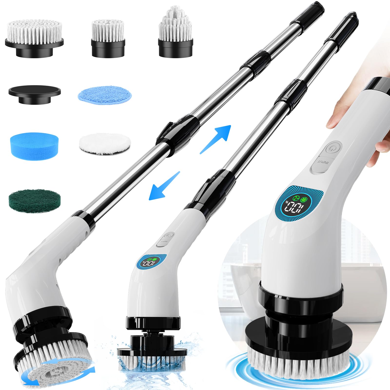 Electric Spin Scrubber, Cordless Cleaning Brush with 10 Cleaning Tools, 2H Long Battery Life, Adjustable Handle, IPX7 Waterproof Power Scrubber for Bathroom, Tub, Tile, and Car Cleaning