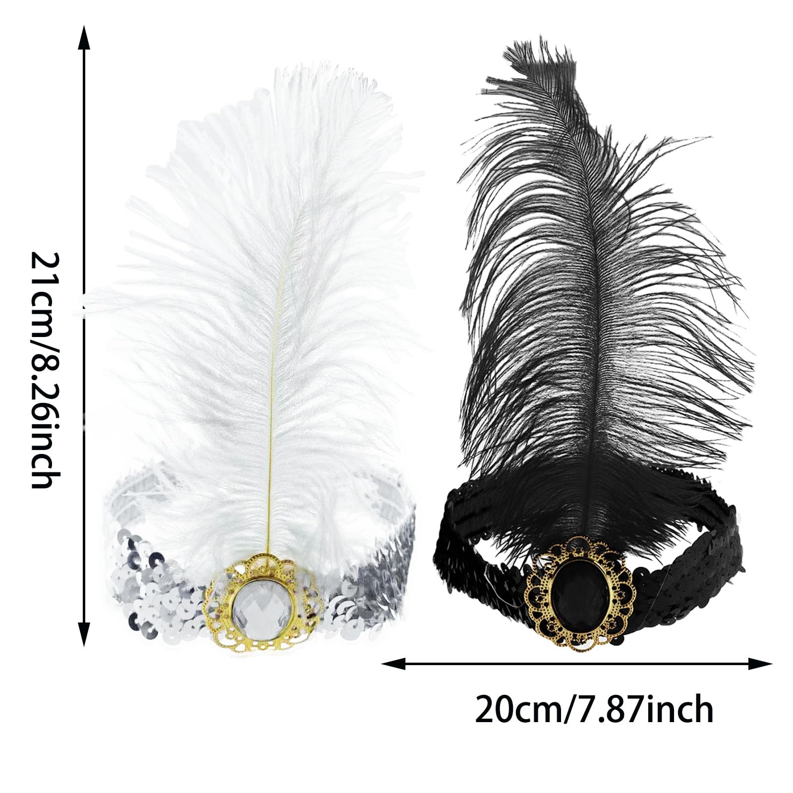 Qusmeiyici 2PCS 1920s Headbands for Women Peacock Feather Sequins Headband Rhinestone Crystal Gatsby Flapper Headpiece Vintage Rhinestone Hair Accessories for Costume Party (Black+White) - Image 2
