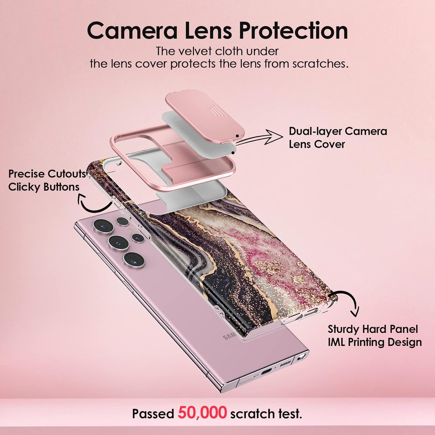 for Samsung Galaxy S23 Ultra Case with Slide Camera Cover, Samsung S23 Ultra Case Shockproof Slim Thin Lightweight, Chic Glossy Fade-Resistant Pattern Phone Cases Cover for S23 Ultra, Black - Image 2