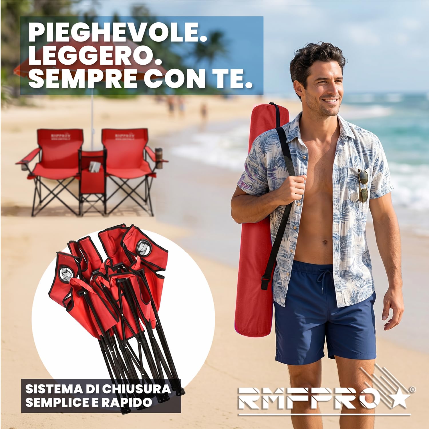 Set con Ombrellone e 2 Sedie da Esterno ideale per Mare o Campeggio, con Borsa Termica Centrale e Portabevende - Ideale anche per Pesca, Struttura in Acciaio con Custodia per Trasporto (Rosso)