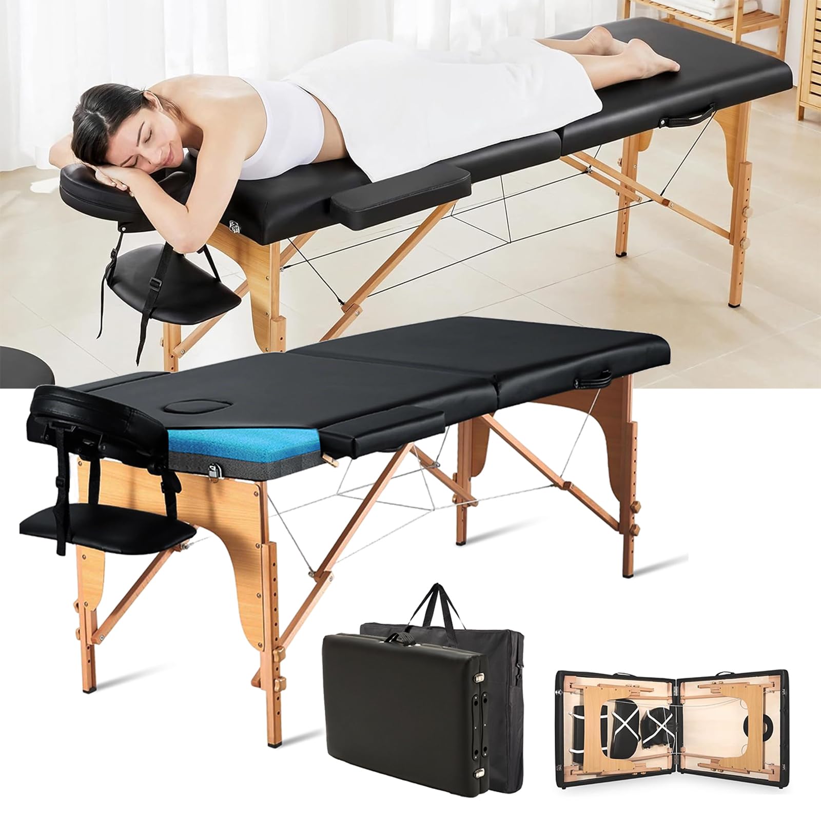 72.8'' Professional Massage Tables Portable Lightweight Massage Bed with Bag, 12 Height Adjustable Esthetician Bed Memory Foam Foldable Massage Table Premium Spa Tattoo Bed, Black
