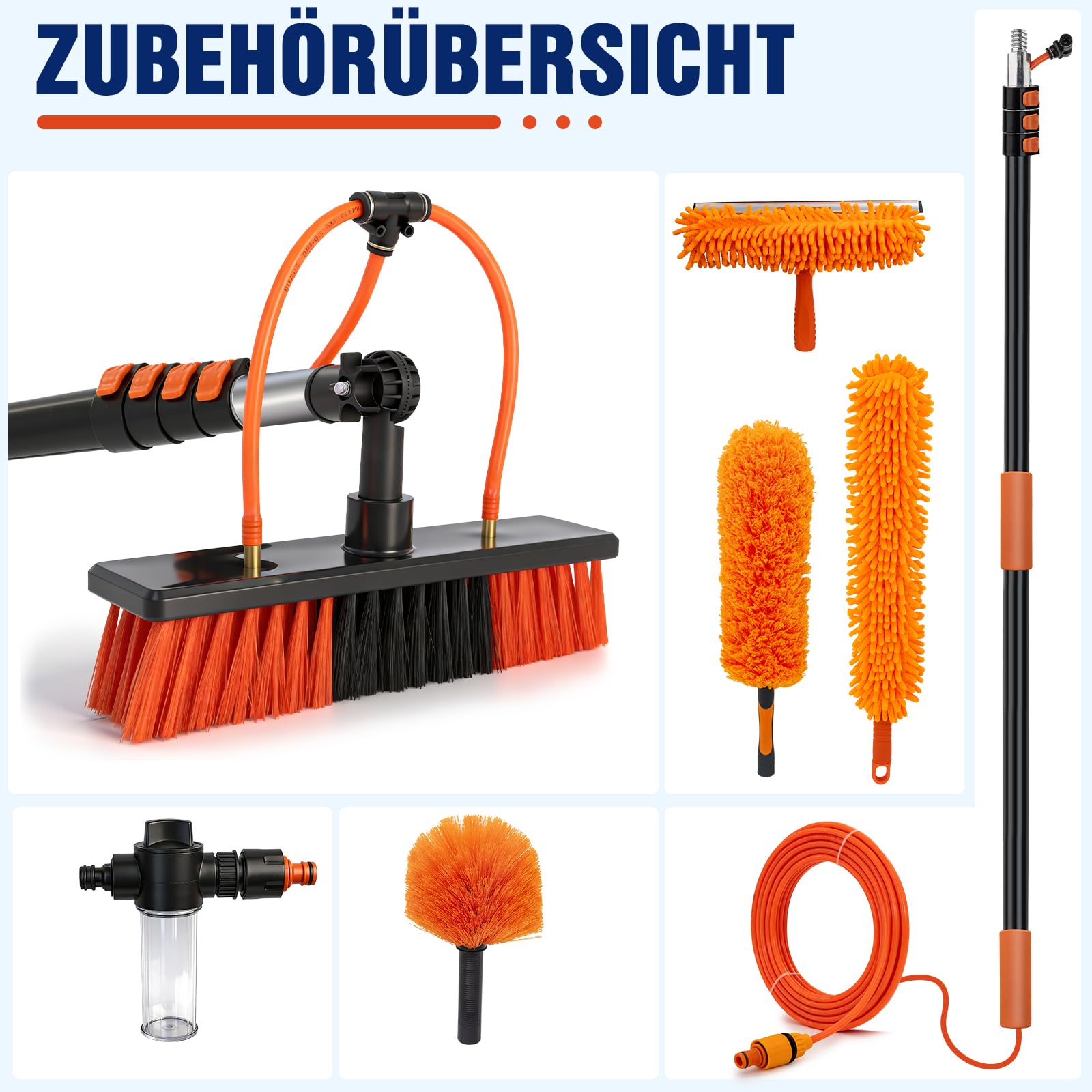 5,5 m Teleskop Waschbürste mit Wasseranschluss, Teleskopstange Reinigungsset mit 180° Bürstenkopf & Seifenspender, Waschbürste mit Teleskopstiel für PV-Anlage, Wintergarten, Terrassendach, Fenster | 5,5 m Teleskop Waschbürste mit Wasseranschluss, Teleskop