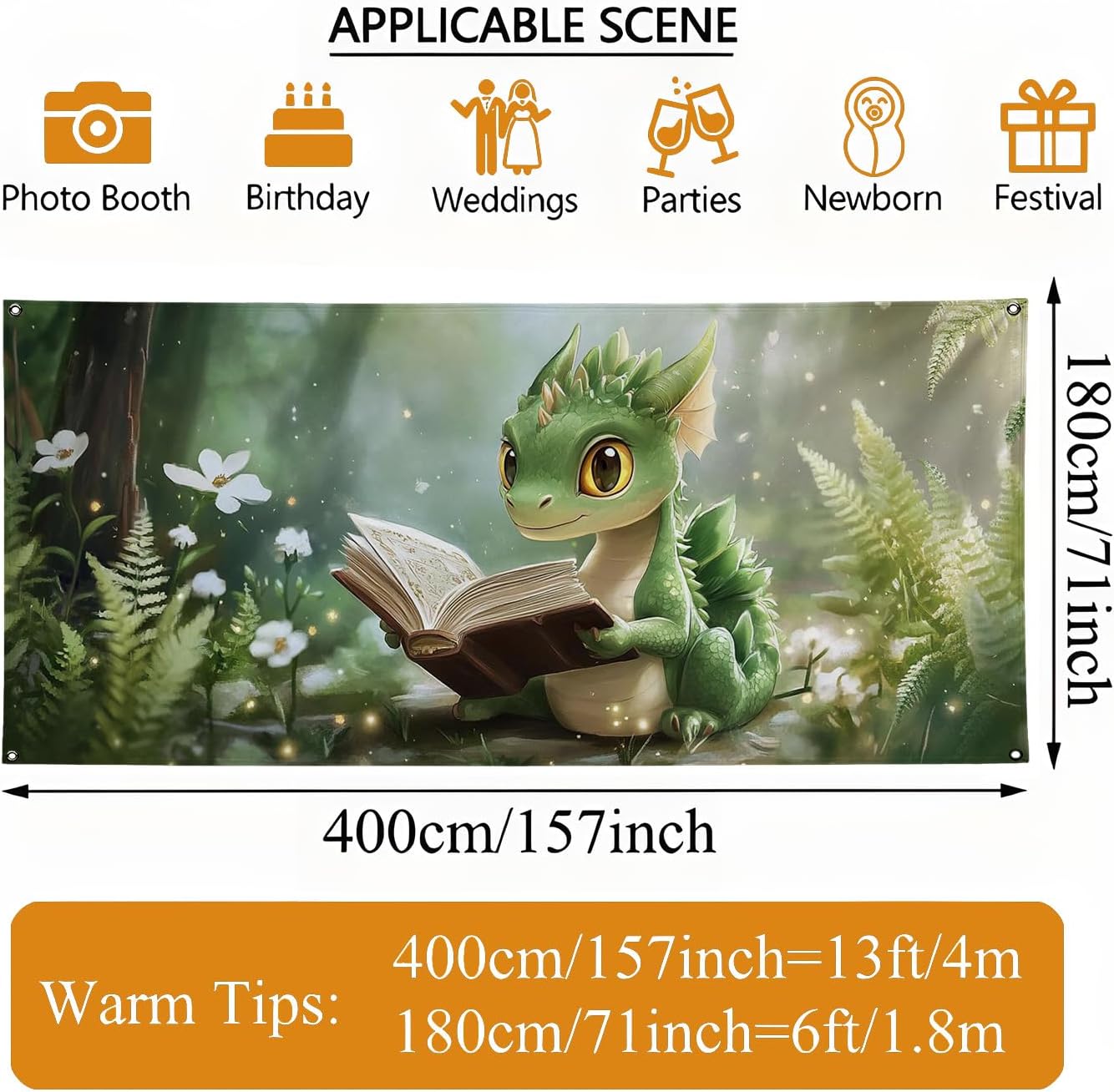 Fantasy Dragon Garage Door Cover, Cute Green Dragon Reading Book Large Garage Door Decorations, Outdoor Indoor Playroom Background Decor, Spring and Summer Fun Theme 157x71 Inch